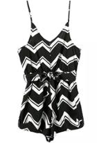 Romwe Spaghetti Strap With Belt Zigzag Black Jumpsuit