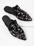 Romwe Embroidery Detail Pointed Toe Suede Flats