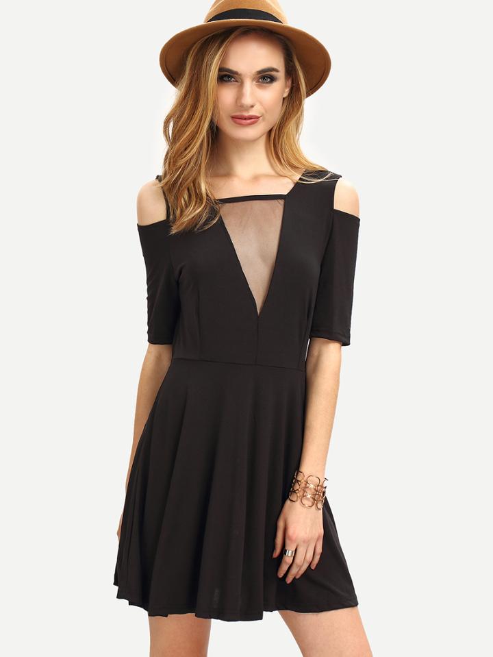 Romwe Mesh V-neck Cutout Shoulder Skater Dress