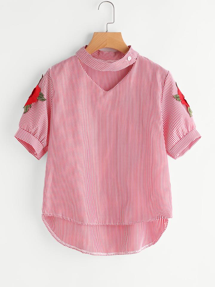 Romwe V Cut Rose Applique Striped Dip Hem Blouse