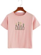 Romwe Pink Plant Embroidered T-shirt
