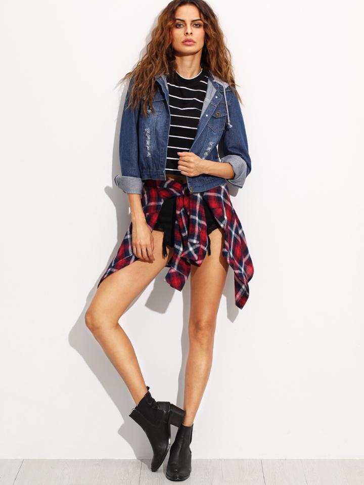 Romwe Blue Ripped Removable Hood Denim Jacket