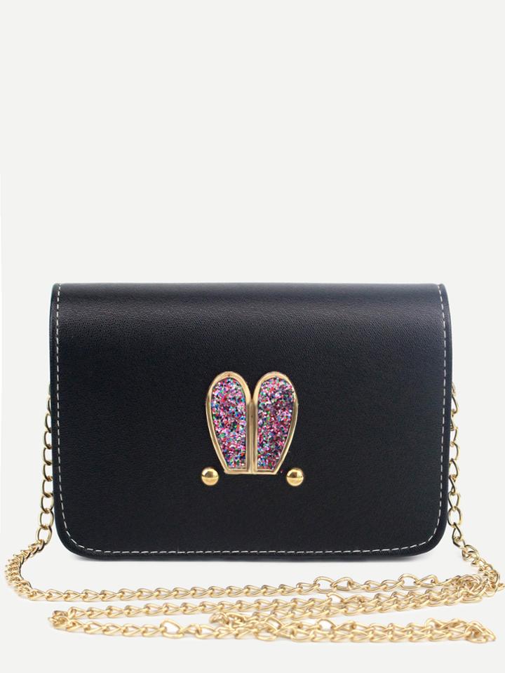 Romwe Black Pu Metal Rabbit Ear Embellished Messenger Bag