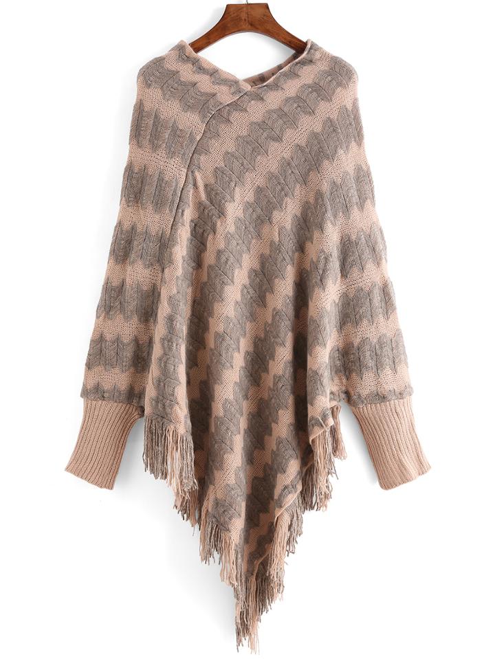 Romwe V Neck Zig-zag Fringe Poncho Sweater