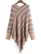 Romwe V Neck Zig-zag Fringe Poncho Sweater
