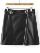 Romwe Black Oblique Zipper Pu Skirt With Buckle