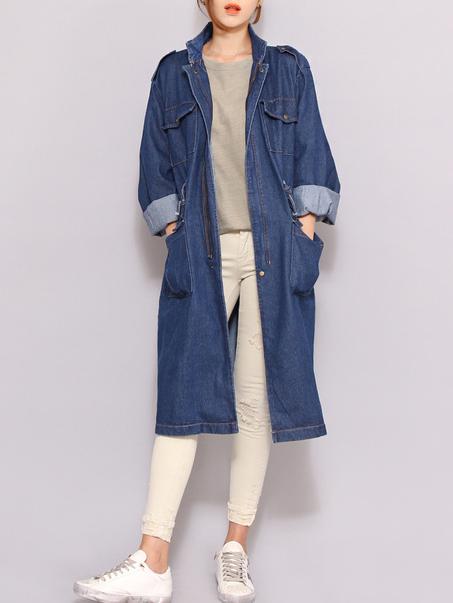 Romwe Stand Collar Drawstring Pockets Long Coat