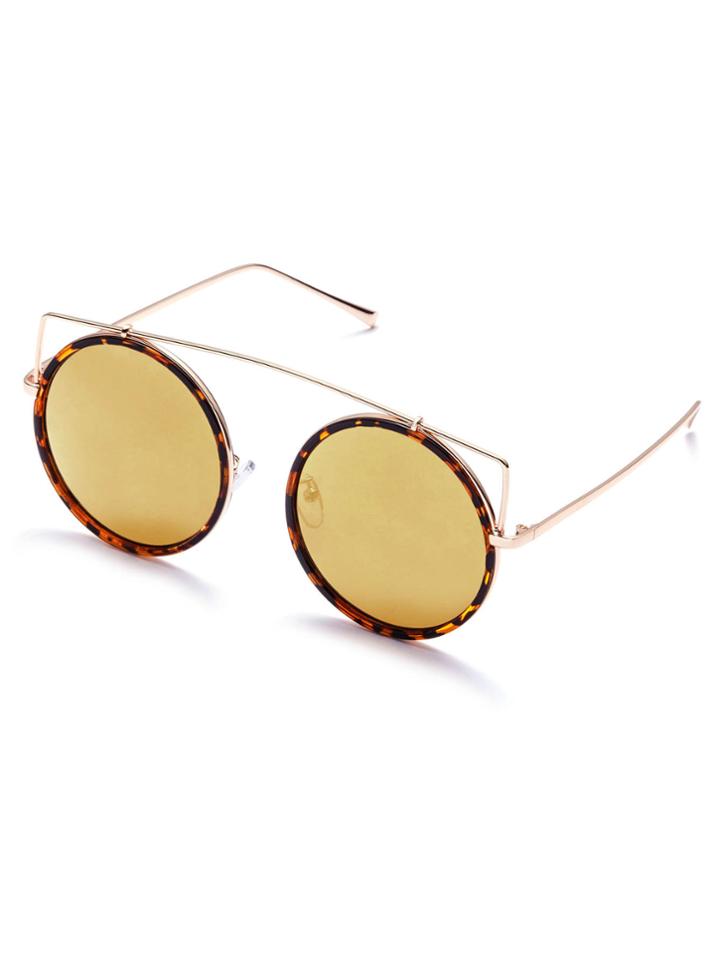Romwe Brown Frame Gold Lens Round Design Sunglasses