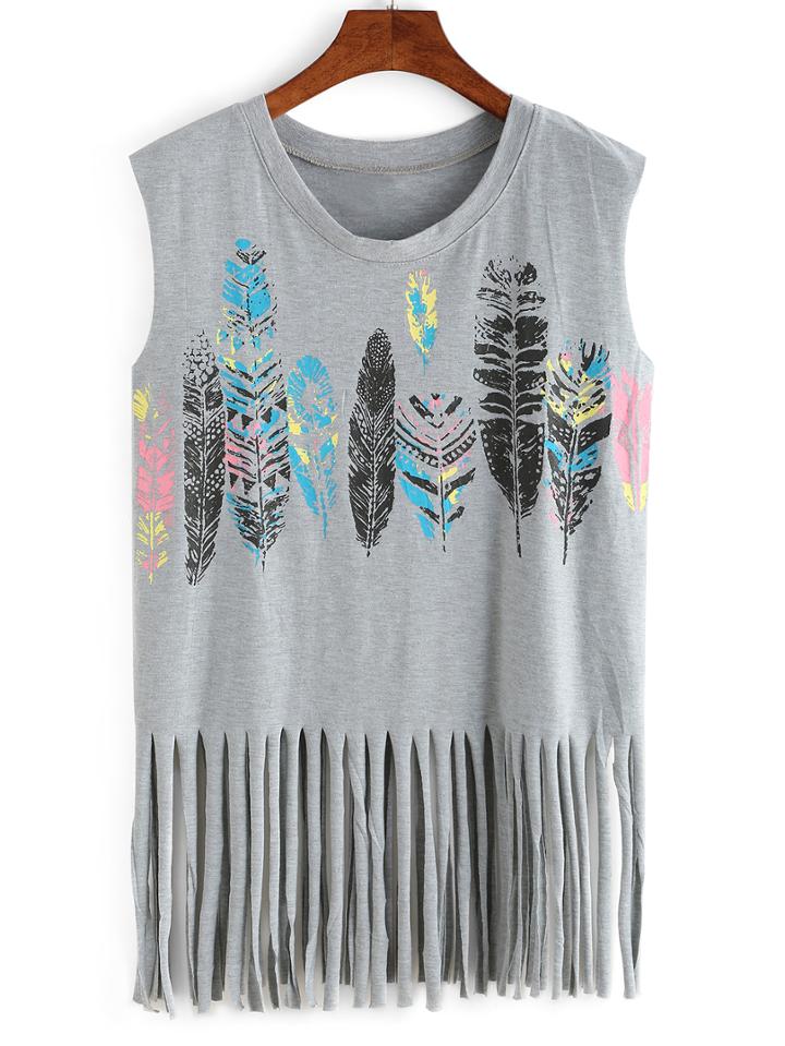 Romwe Leather Print Fringe Tank Top