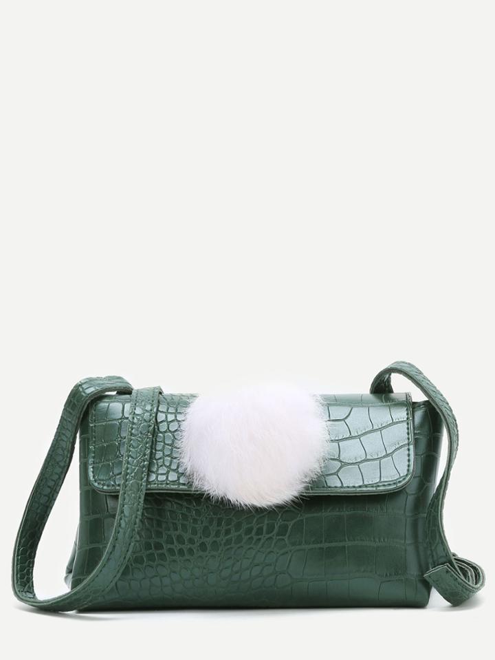 Romwe Green Crocodile Embossed Pu Shoulder Bag With Pom Pom