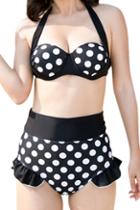 Romwe Polka Dots Print High-waist Halter Swimsuit