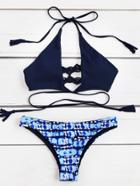 Romwe Tie Dye Cutout Front Wrap Bikini Set With Tassel