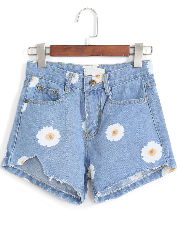 Romwe Blue Daisy Print Denim Shorts