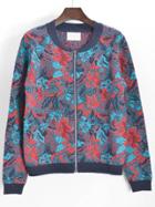 Romwe Long Sleeve Florals Zipper Red Coat