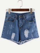 Romwe Distressed Raw Hem Blue Denim Shorts