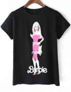 Romwe Barbie Print Black T-shirt