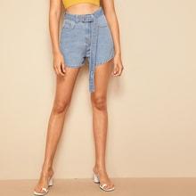 Romwe Faded Wash Belted Denim Shorts