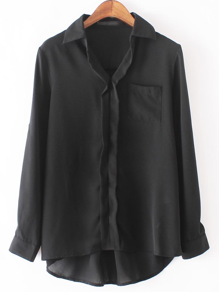 Romwe Black Lapel Dipped Hem Chiffon Blouse