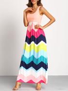 Romwe Multicolor Sleeveless Zig-zag Print Maxi Dress