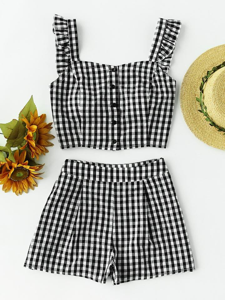 Romwe Ruffle Strap Checkered Pinafore Top And Shorts Set