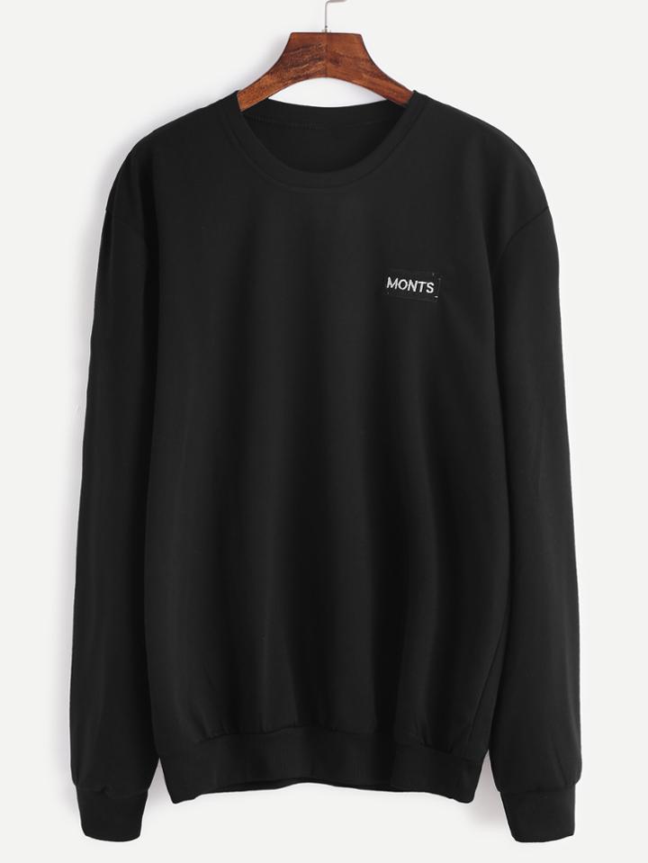 Romwe Black Letter Print Back Embroidered Patch Sweatshirt
