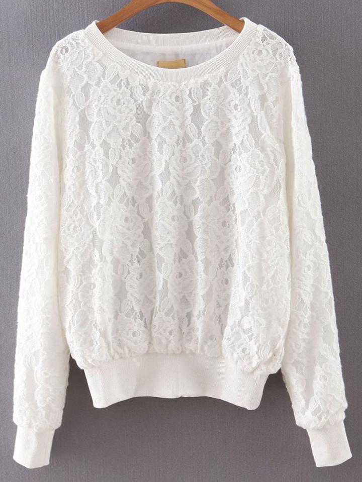 Romwe White Rib-knit Cuff Lace Sweatshirt