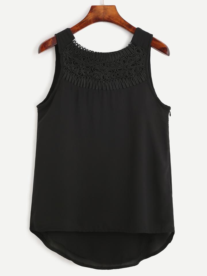 Romwe Black Applique Mesh Neck Tank Top