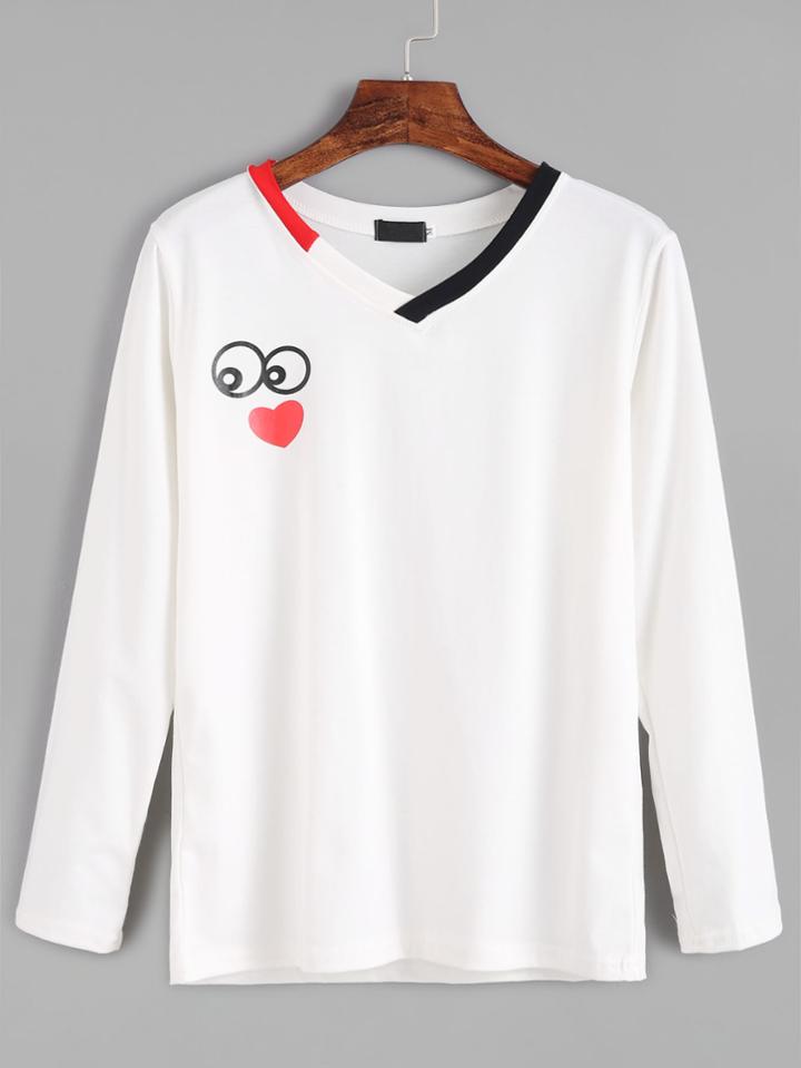 Romwe White Contrast Neck Cartoon Print T-shirt