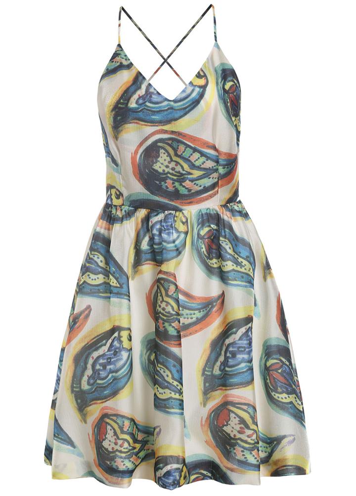 Romwe Spaghetti Strap Backless Paramecium Print Flare Dress