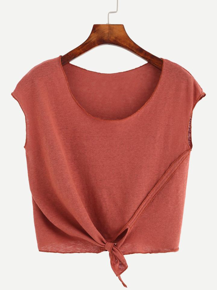 Romwe Brick Red Tie Front Crop T-shirt