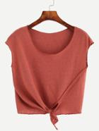 Romwe Brick Red Tie Front Crop T-shirt