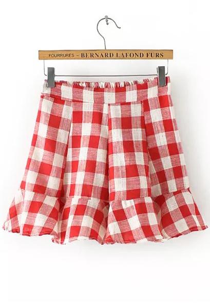 Romwe Elastic Waist Plaid Peplum Hem Red Skirt