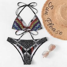Romwe Self Tie Halter Triangle Top With Spot Pattern Bikini