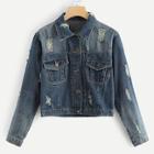 Romwe Ripped Single Breasted Denim Jacket