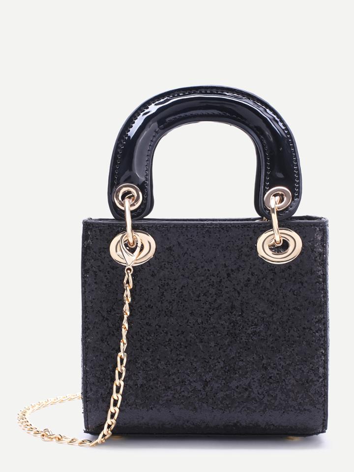 Romwe Black Chain Detail Sequin Handbag With Double Handle