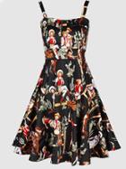 Romwe Black Spaghetti Strap Printed Self-tie Flare Dress