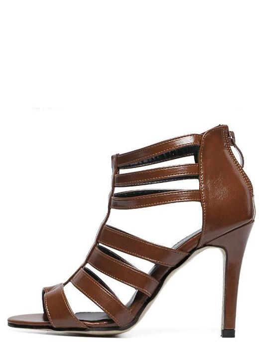 Romwe Caged Back Zip Heeled Sandals - Brown