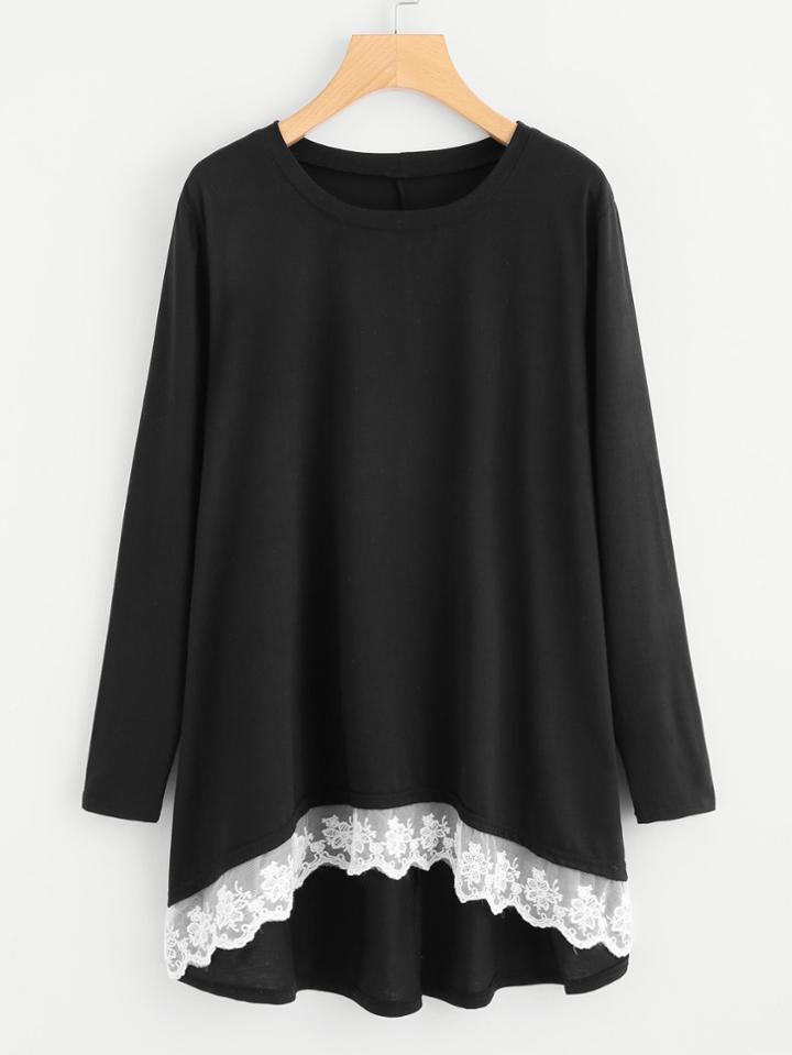 Romwe Contrast Lace Dip Hem Longline Tee