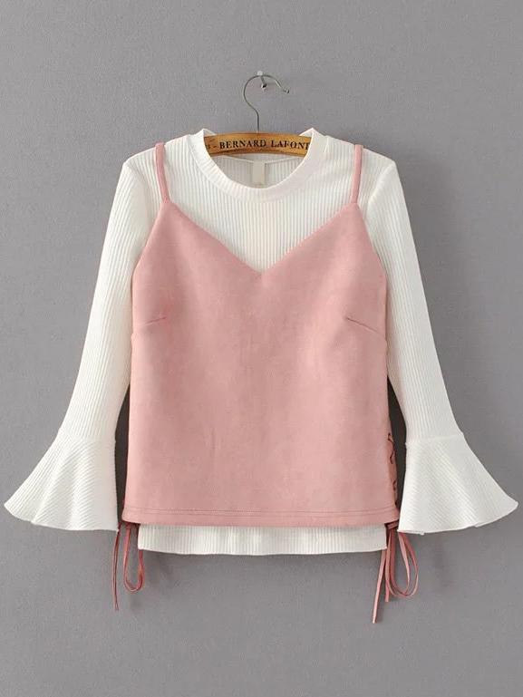 Romwe Pink Lace Up Side Suede Top With Bell Sleeve T-shirt