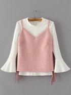 Romwe Pink Lace Up Side Suede Top With Bell Sleeve T-shirt