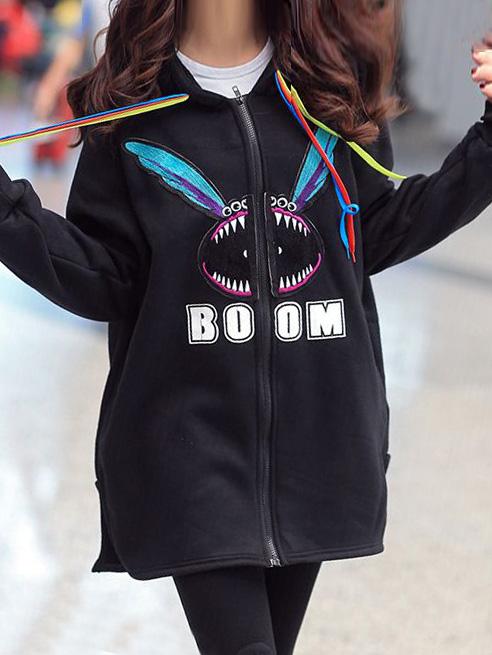 Romwe Hooded Zipper Monster Patterned Long Sweatshirt