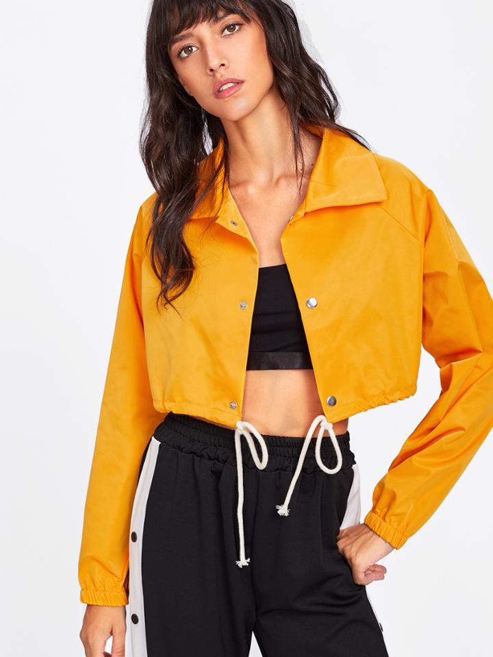 Romwe Drawstring Hem Single Breasted Crop Jacket