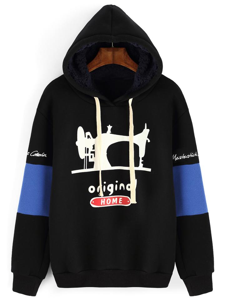 Romwe Hooded Drawstring Sewing Machine Print Sweatshirt