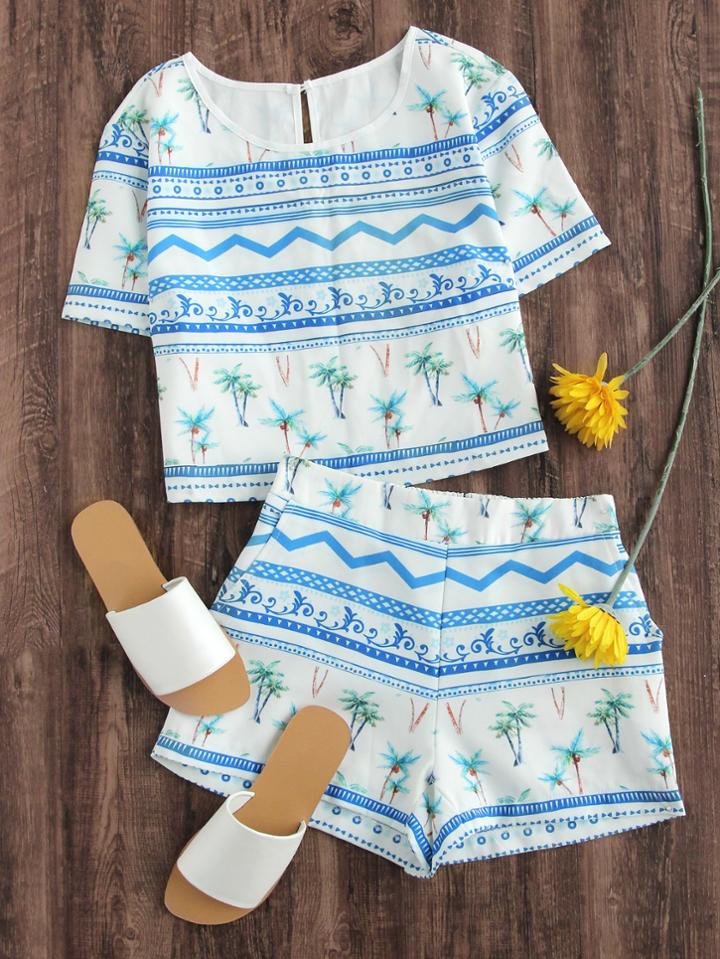 Romwe Coconut Trees Print Keyhole Back Top With Shorts
