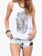 Romwe White Round Neck Hand Print Split Tank Top