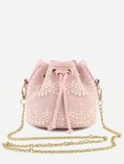Romwe Pink Lace Detail Bucket Bag With Chain