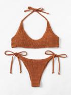 Romwe Shirred Tie Side Bikini Set