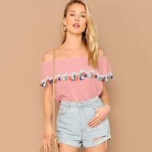 Romwe Off Shouder Tassel Trim Top