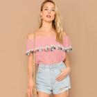 Romwe Off Shouder Tassel Trim Top