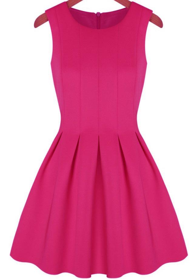 Romwe Sleeveless Pleated Flare Rose Red Dress